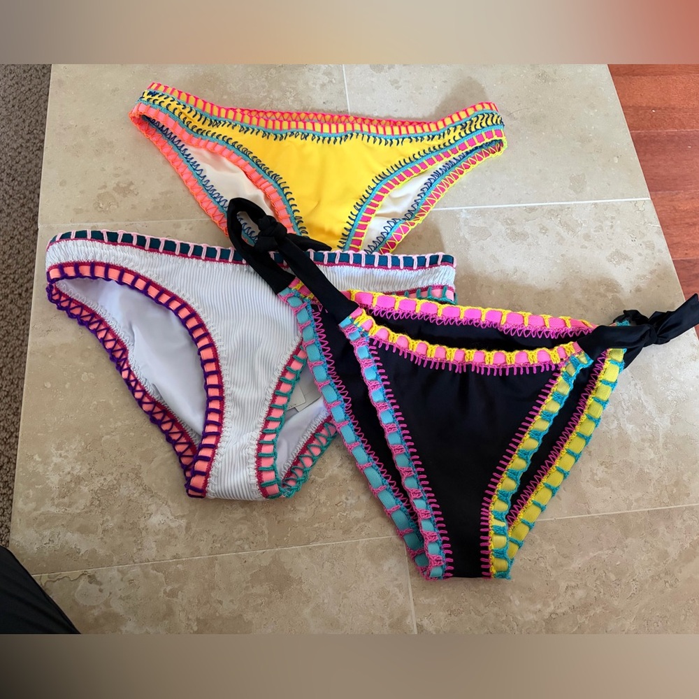 New set of 3 Bikinis Bottoms Colorful Crochet Trim Bikini size L